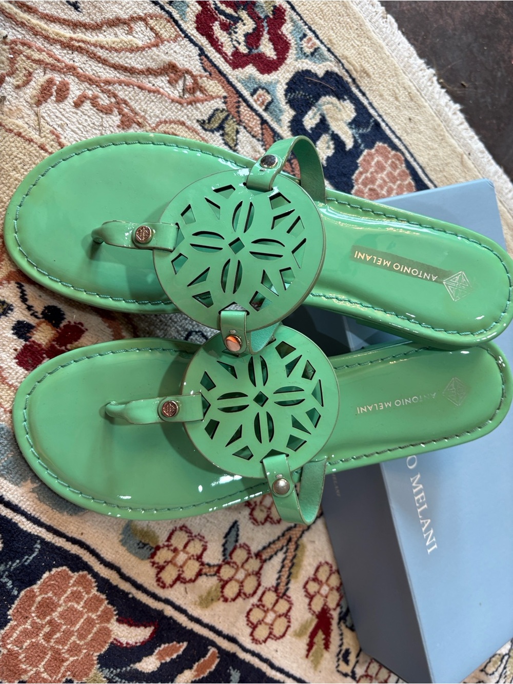 ANTONIO MELANI Mint Green Laser-Cut Leather Thong Sandals